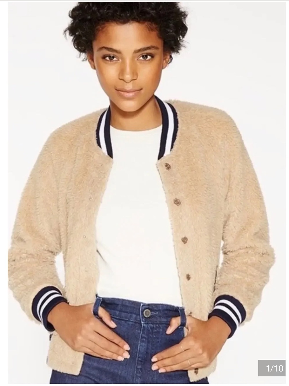 Honey Punch Tan Teddy Bomber Jacket with Striped Rib Trim